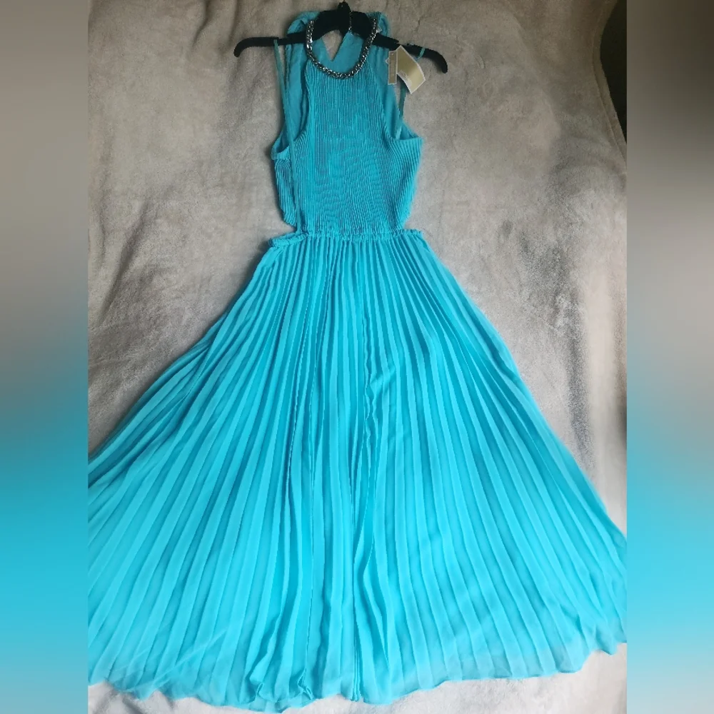 Michael Kors Halter Neck Pleated Cut-out Midi Dress turquoise Sz M & L…